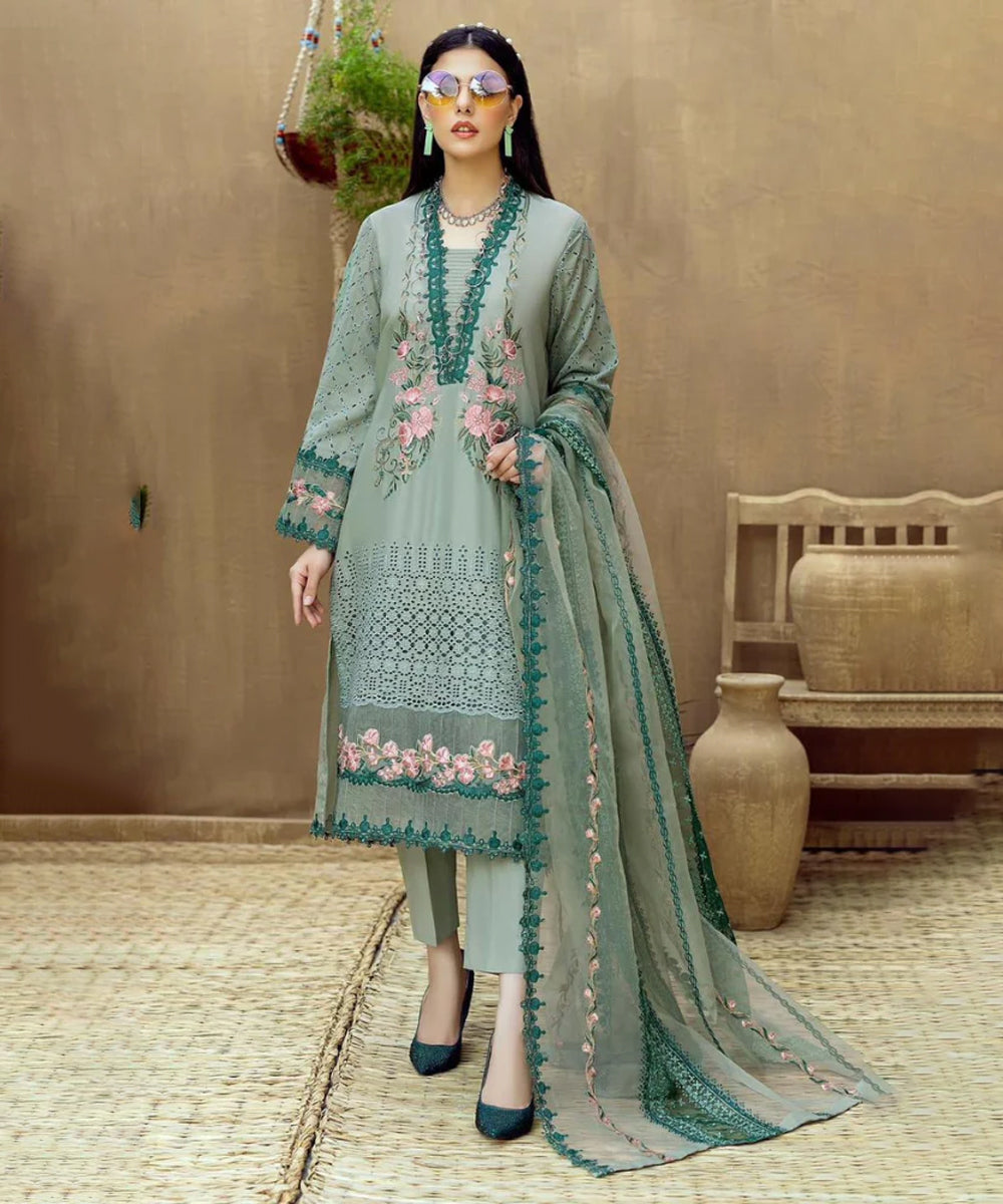 Dhanak-3PC Embroidered Shirt with Organza Embroidered Dupatta- 3292