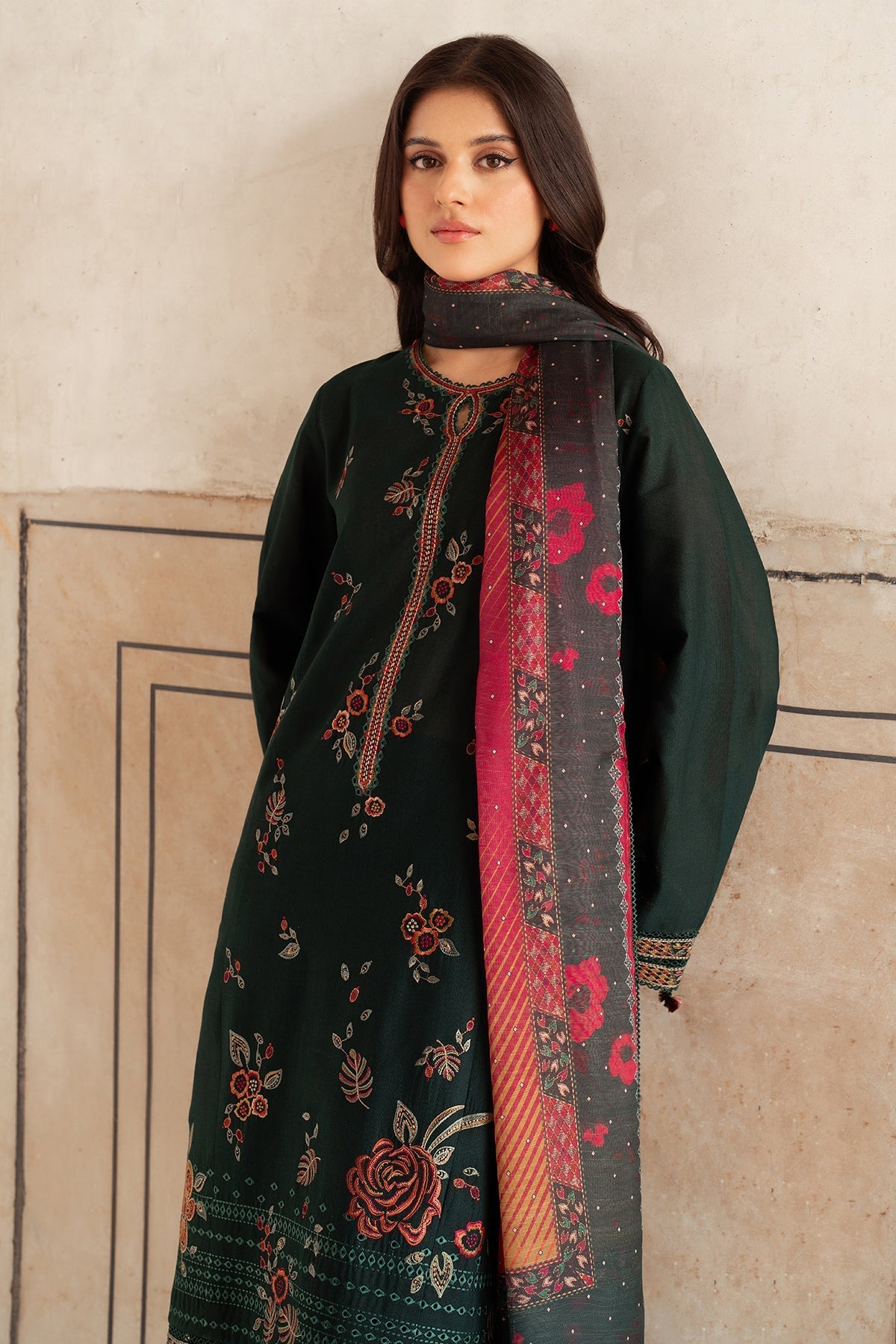 3PC Dhanak Embroidered Shirt With Digital Printed Shawl-133