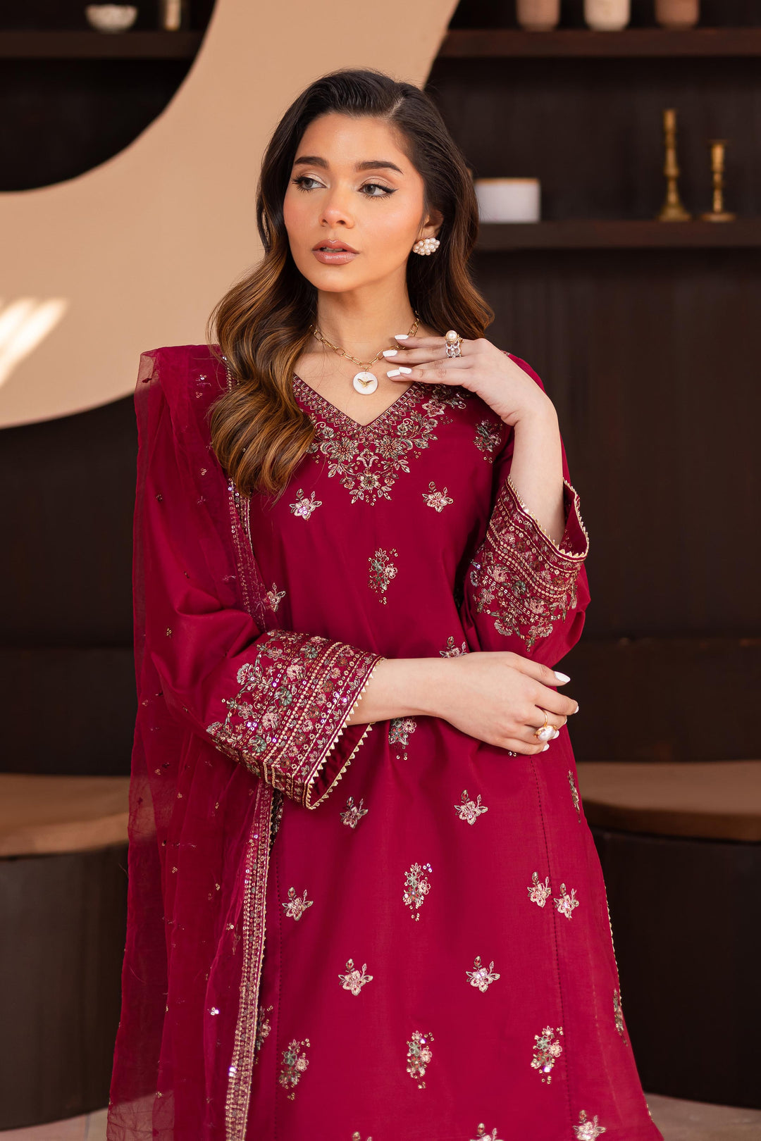 Dhanak -3PC Embroidered Shirt With Organza Embroidered Dupatta-3370
