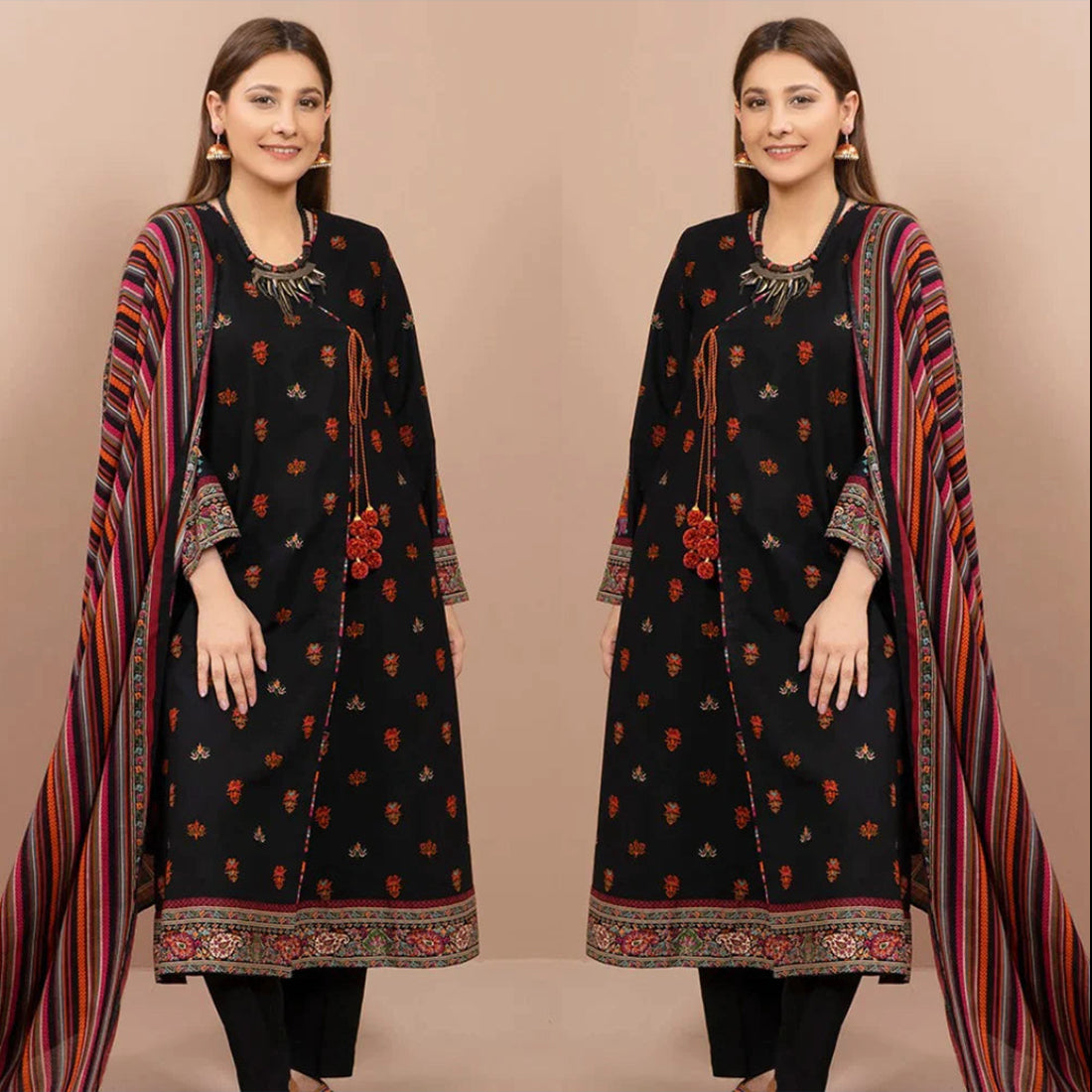 3PC Dhanak Embroidered Shirt With Dhanak Print Shawl-641