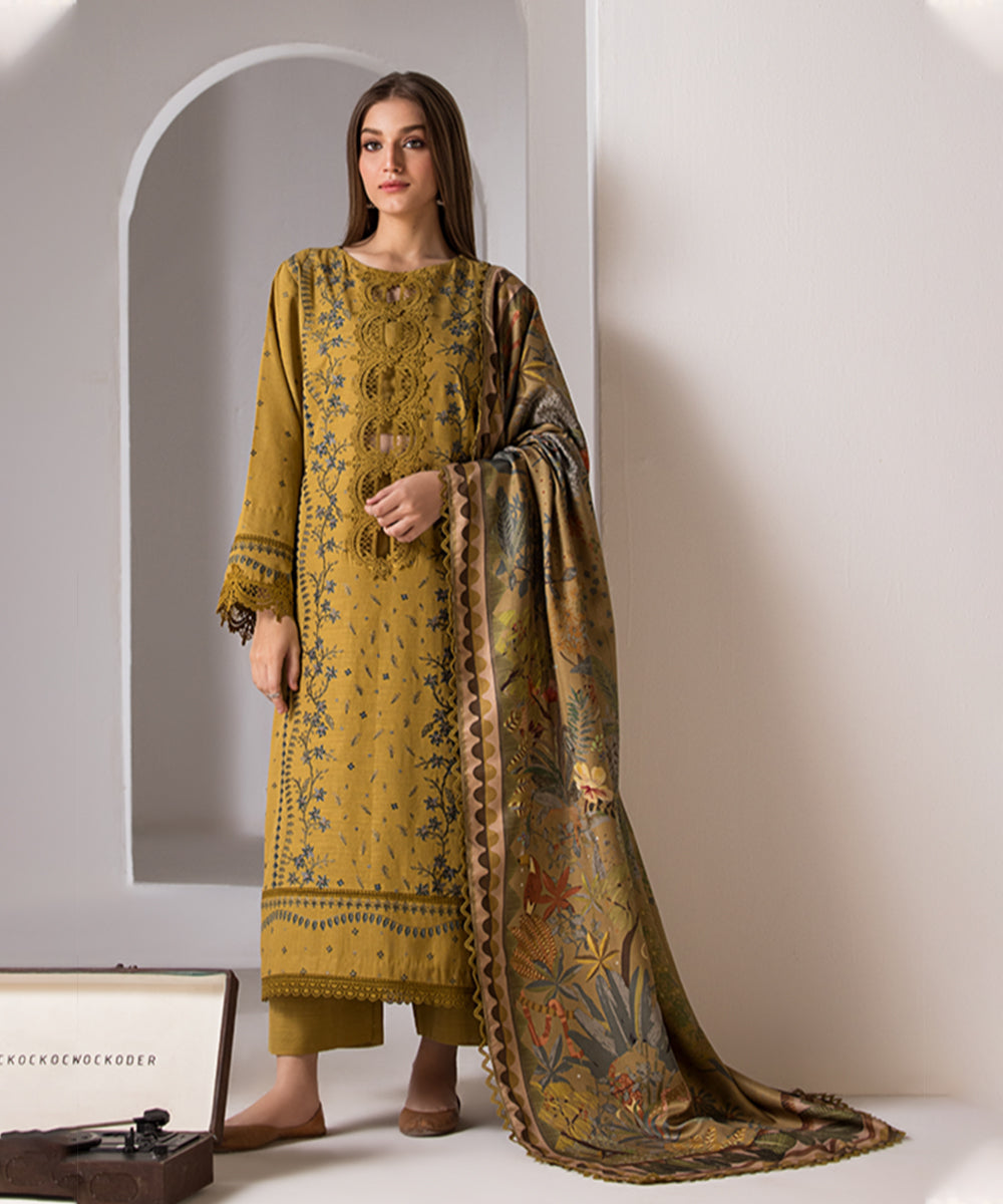 3PC DHANAK EMBROIDERED SHIRT WITH TWILL PRINTED SHAWL AND TROUSER-686