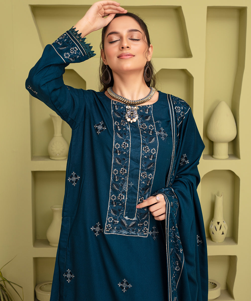 Karandi 3PC Embroidered With Lasercut Karandi Shawl Embroidered-2100