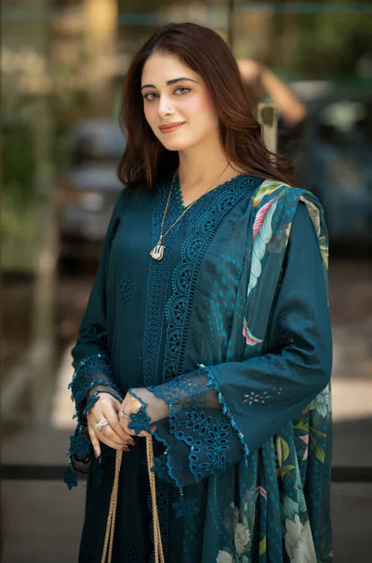 Dhanak-3PC Embroidered Shirt with Digital Printed Wool Shawl -3438
