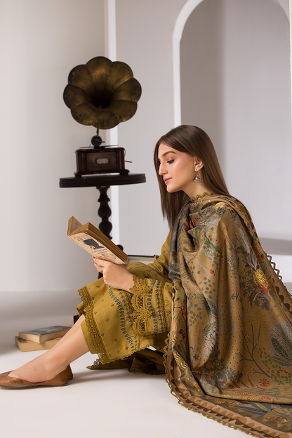 3PC DHANAK EMBROIDERED SHIRT WITH TWILL PRINTED SHAWL AND TROUSER-686