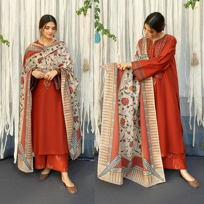 Dhanak 3PC  Embroidered With Digital Printed Shawl-651