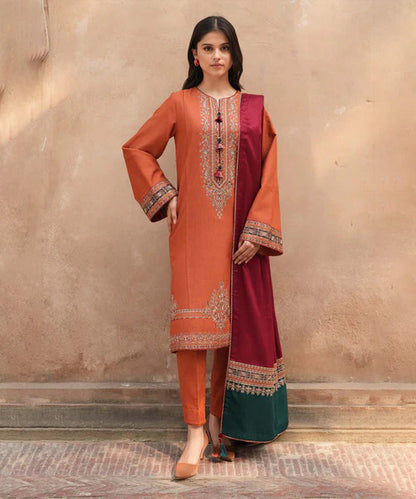 Dhanak-3PC Embroidered Shirt with Digital Printed Wool Shawl - 3239