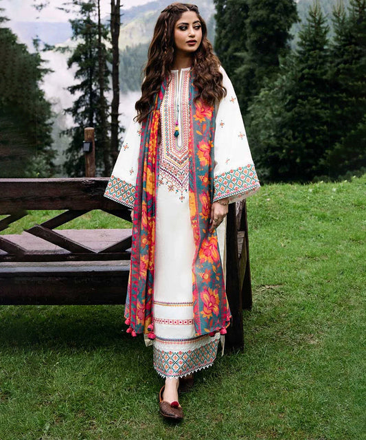 Dhanak 3PC Embroidered With Printed Wool Shawl-255