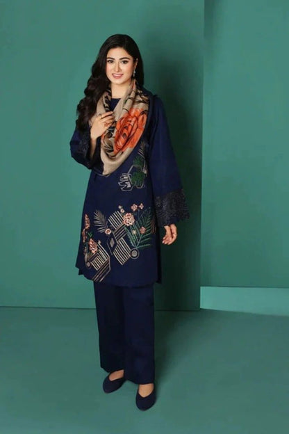 Dhanak-3PC Embroidered Shirt with Digital Printed Wool Shawl - 3208