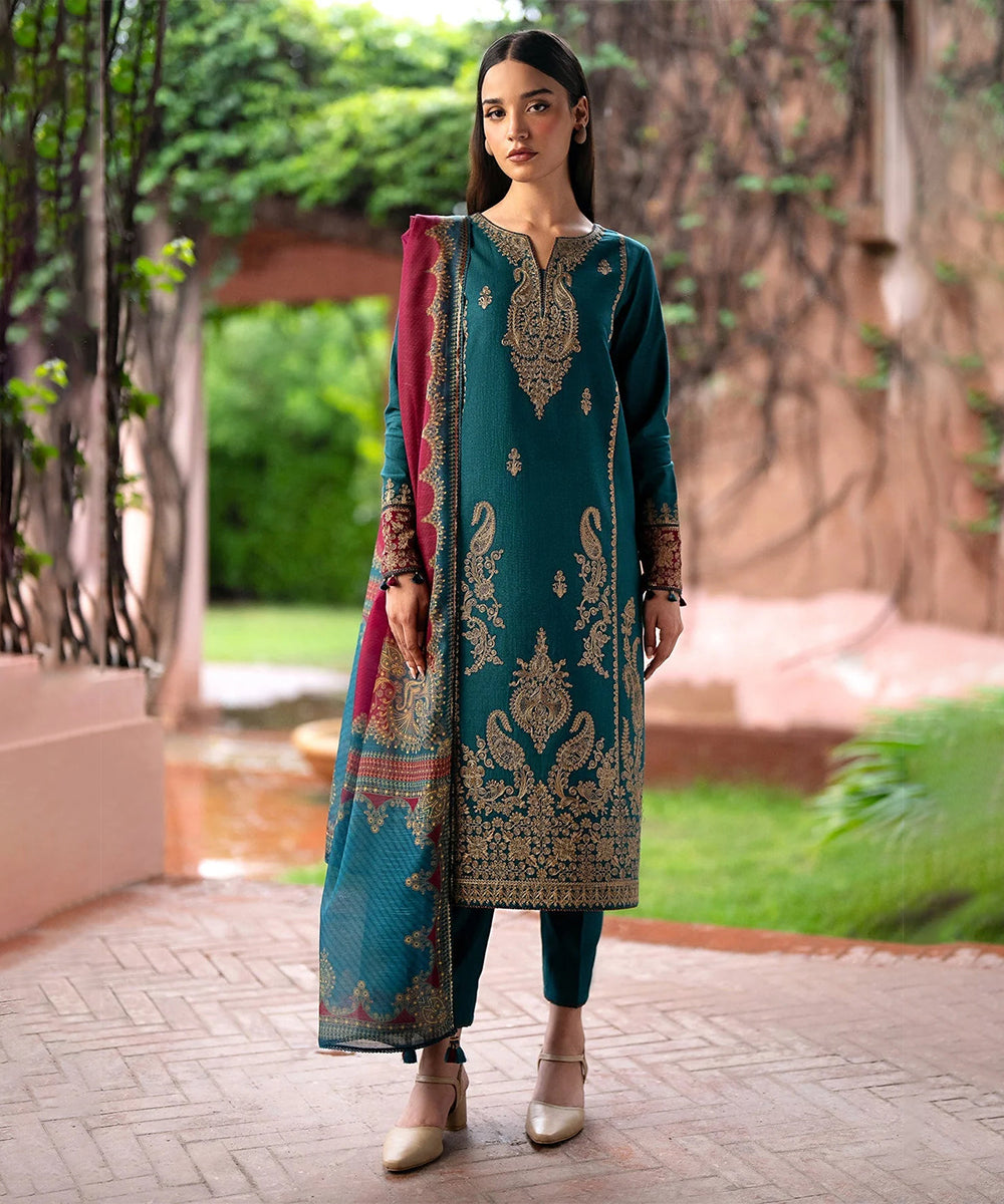 Dhanak 3PC Embroidered With Digital Printed Wool Shawl-286