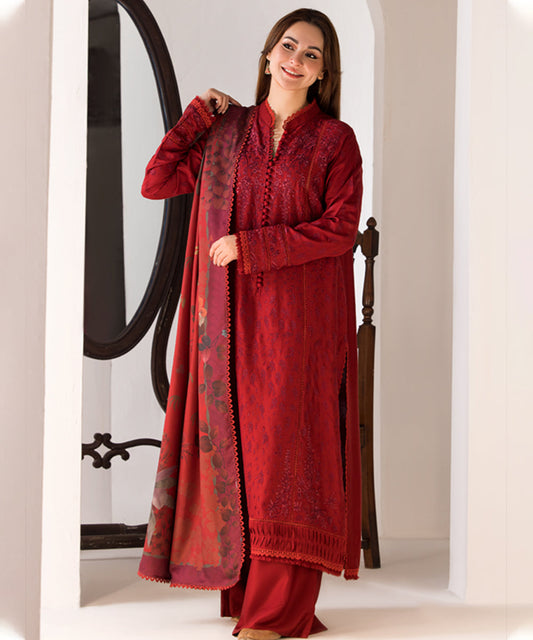 3PC DHANAK EMBROIDERED SHIRT WITH TWILL PRINTED SHAWL AND TROUSER-688