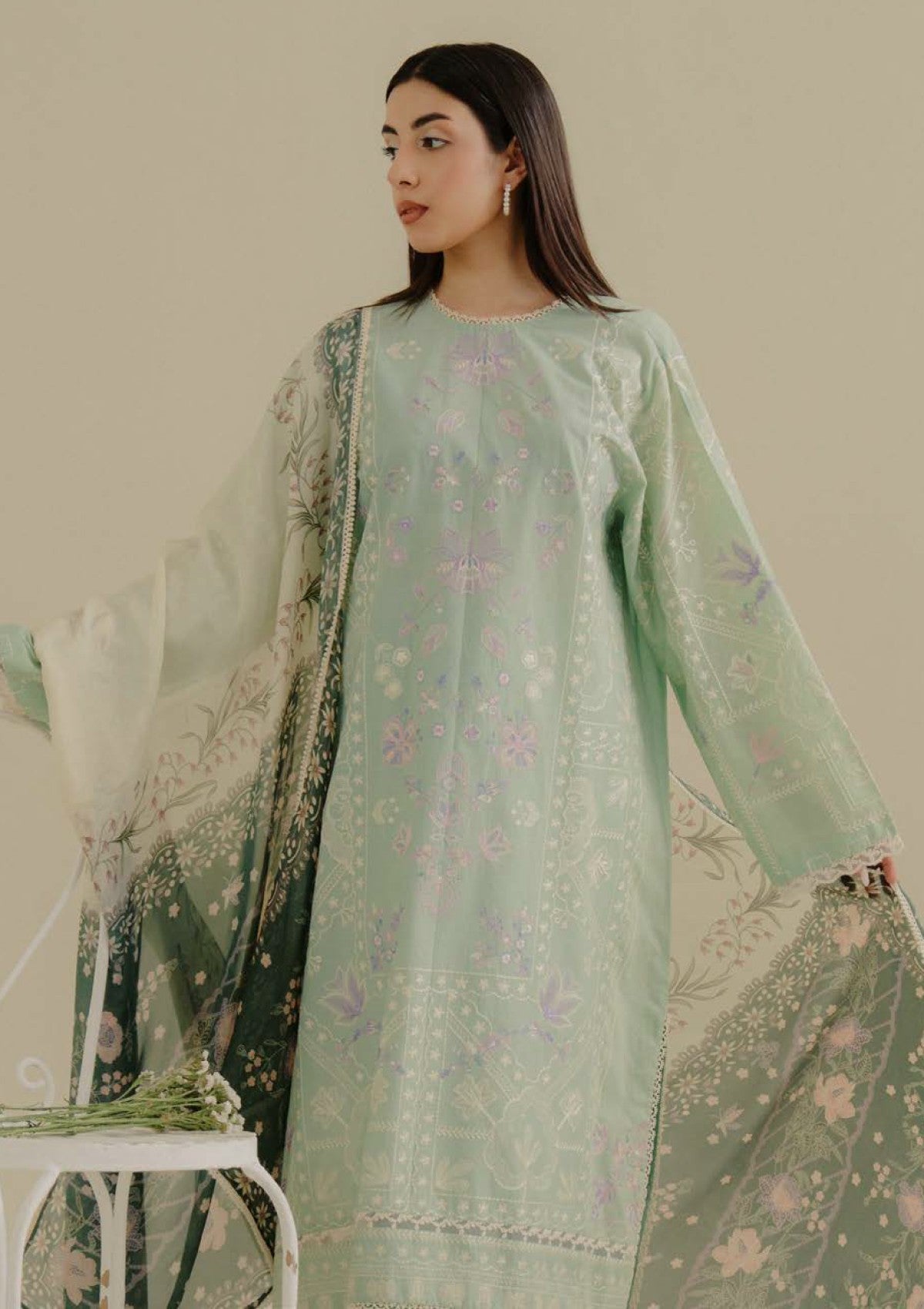 Lawn-3PC Embroidered Shirt with Digital Printed Jacquard Dupatta-1388