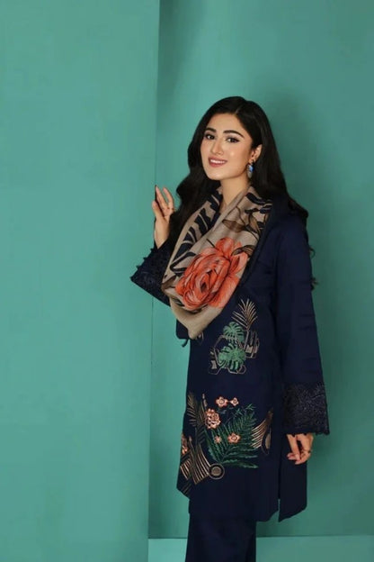 Dhanak-3PC Embroidered Shirt with Digital Printed Wool Shawl - 3208