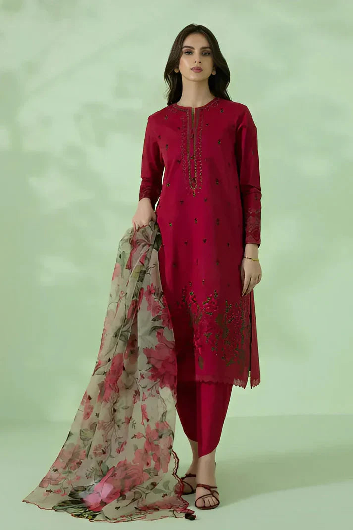 Dhanak-3PC Embroidered Shirt with Organza Digital Printed Dupatta- 3146