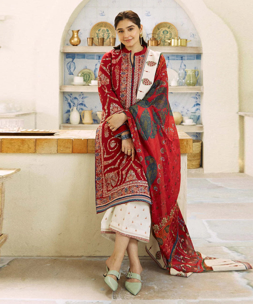 Dhanak 3PC  Embroidered Shirt With Digital printed wool shawl-659