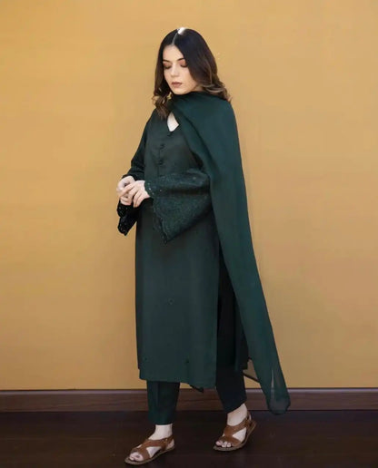 Dhanak-3PC Embroidered Shirt with Chiffon Plain Dyed Dupatta-361