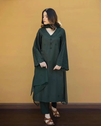 Dhanak-3PC Embroidered Shirt with Chiffon Plain Dyed Dupatta-361