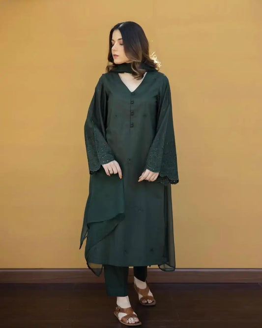 Dhanak-3PC Embroidered Shirt with Chiffon Plain Dyed Dupatta-361