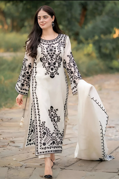 Dhanak 3PC Embroidered With Crinkle Chiffon Embroidered Dupatta-105