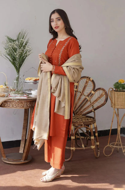 Dhanak 3PC Embroidered With Wool Shawl-1291
