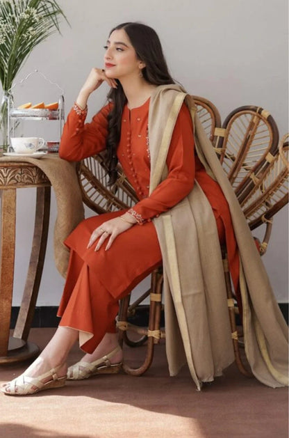 Dhanak 3PC Embroidered With Wool Shawl-1291