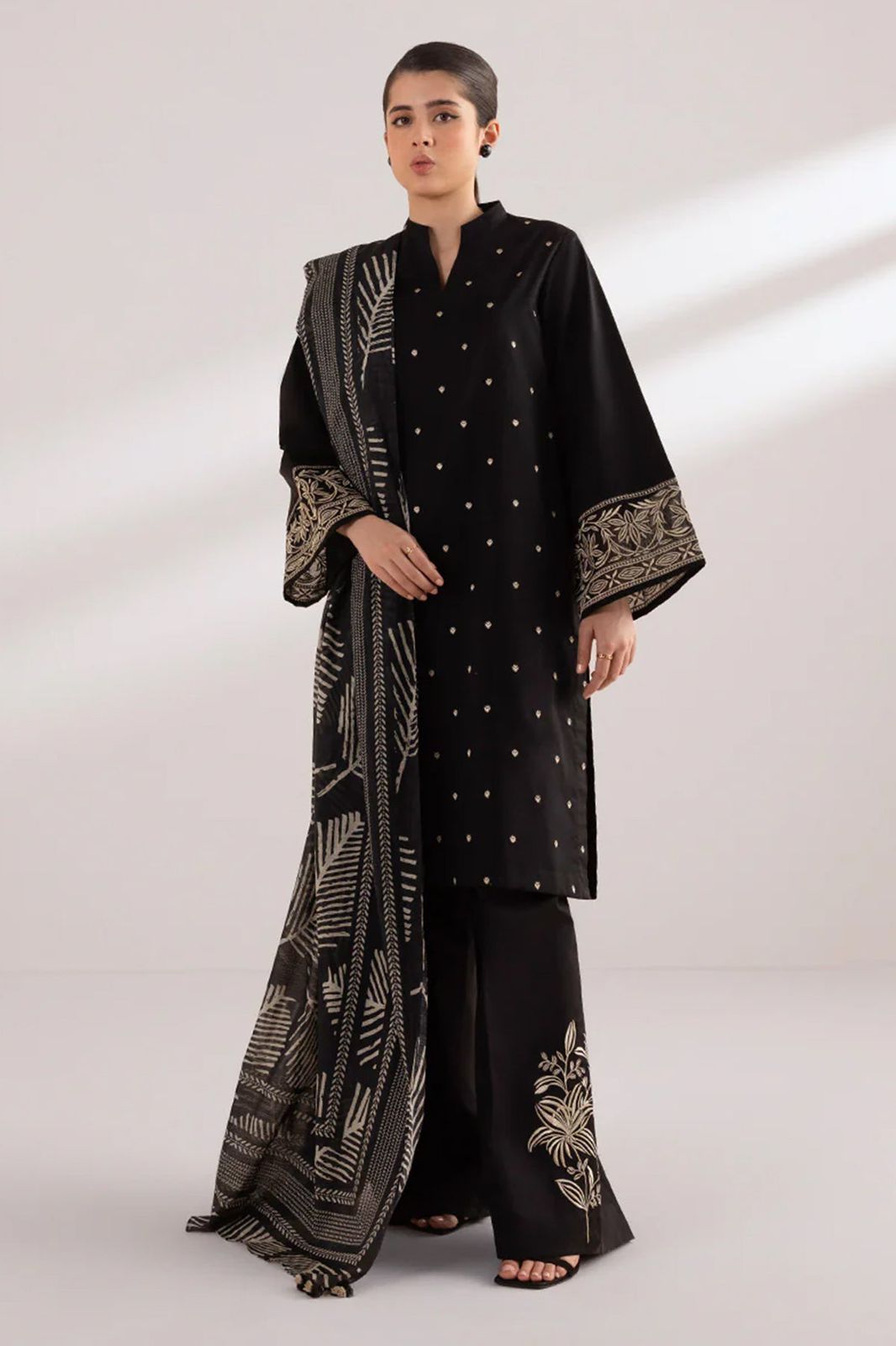 Dhanak-3PC Embroidered Shirt with Digital printed wool shawl - 3121