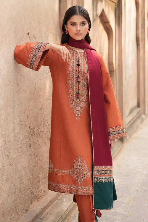 Dhanak-3PC Embroidered Shirt with Digital Printed Wool Shawl - 3239