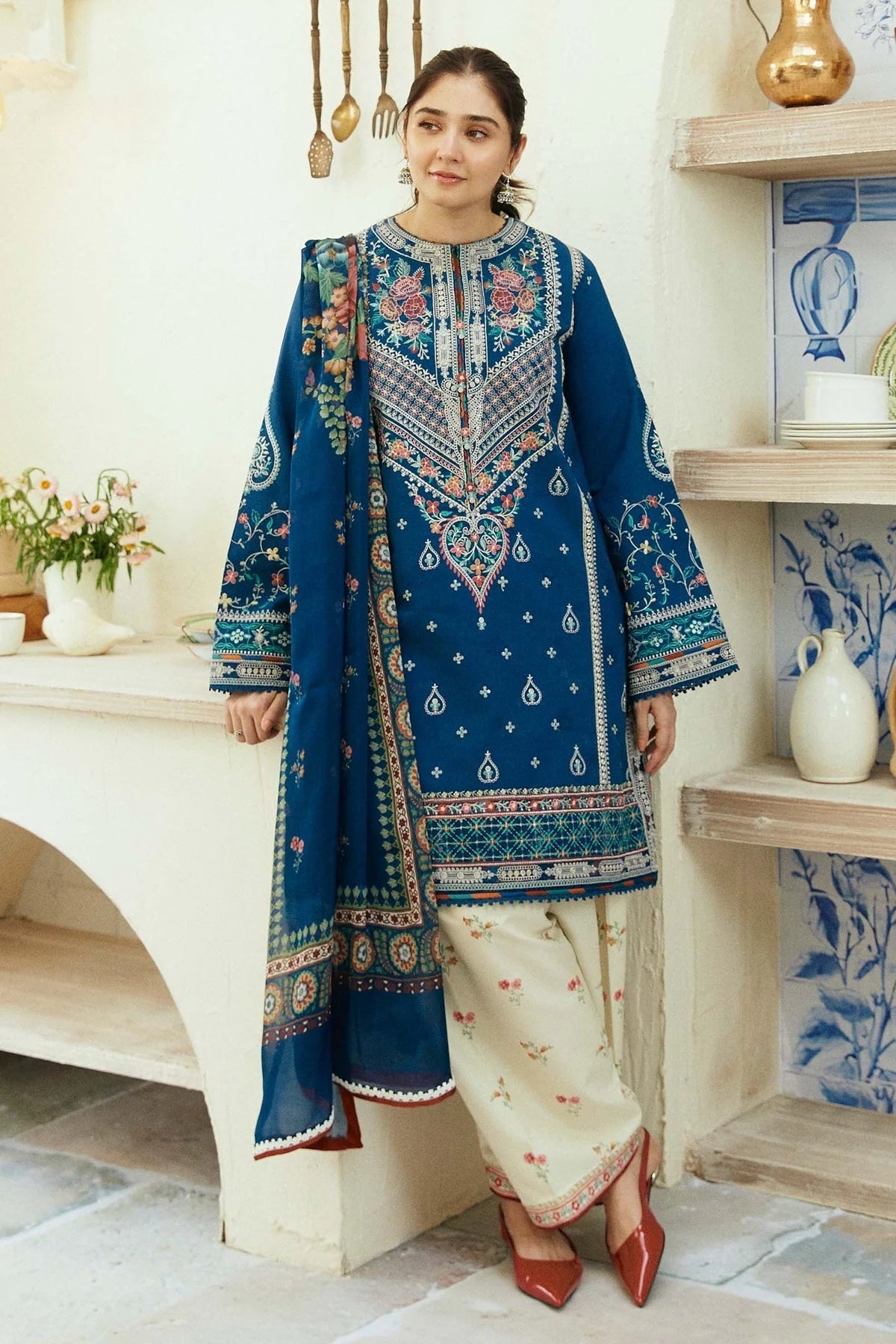 Dhanak-3PC Embroidered Shirt With Digital Printed Shawl-668
