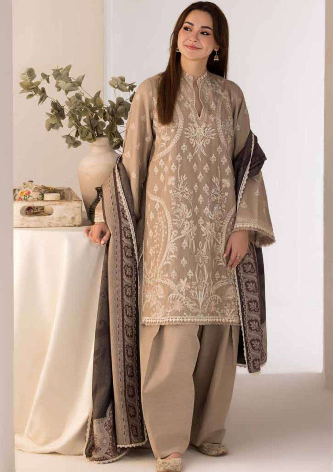 3PC DHANAK EMBROIDERED SHIRT WITH DIGITAL PRINTED SHAWL AND TROUSER-692