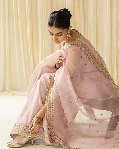 Dhanak-3PC Embroidered Shirt with Organza  Sequins Embroidered Dupatta- 3342