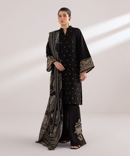 Dhanak-3PC Embroidered Shirt with Digital printed wool shawl - 3121