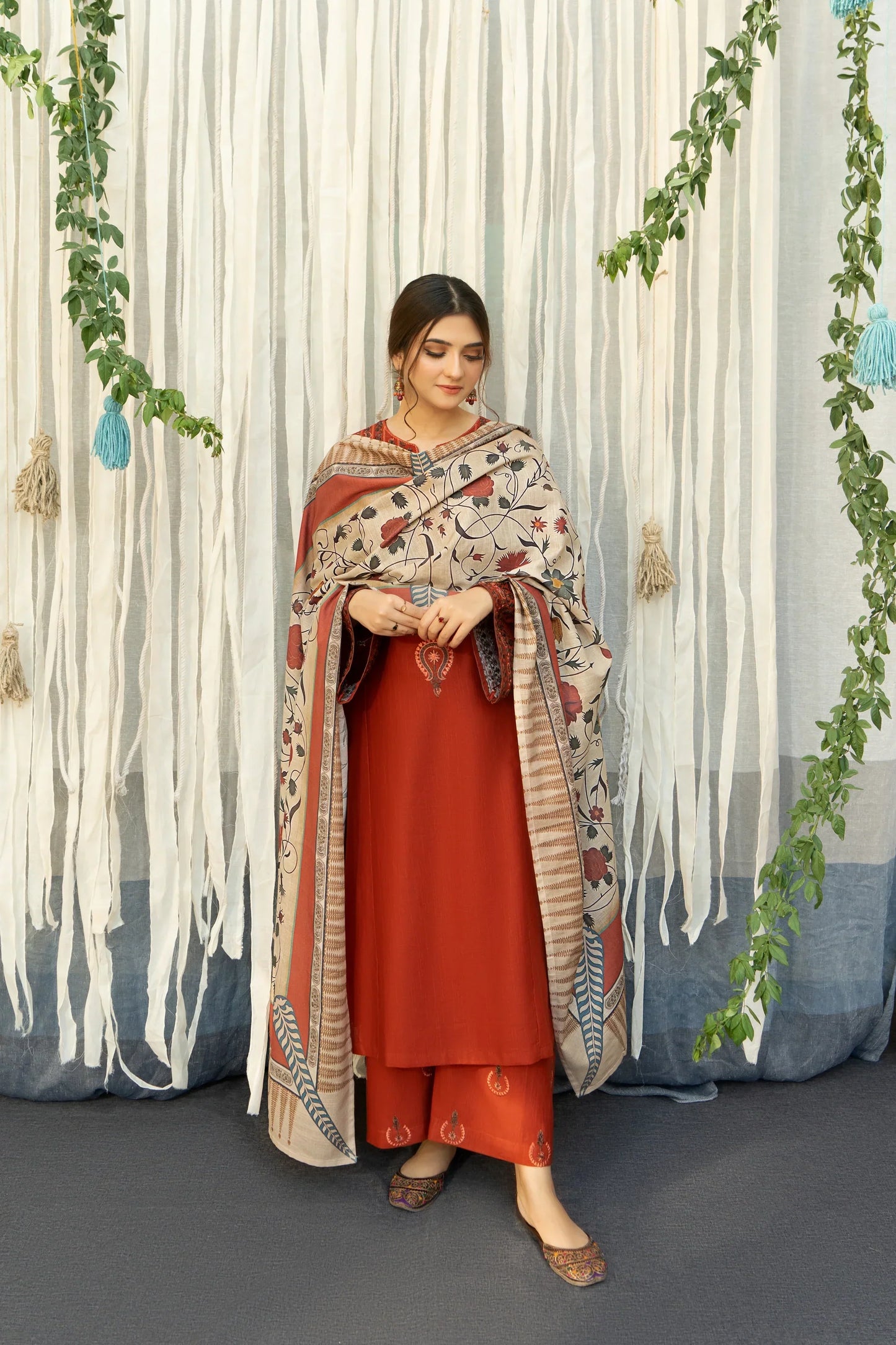 Dhanak 3PC  Embroidered With Digital Printed Shawl-651