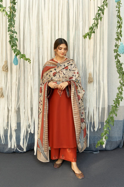Dhanak 3PC  Embroidered With Digital Printed Shawl-651