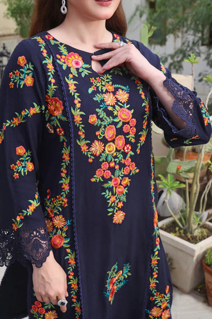 Dhanak-3PC Embroidered Shirt with Digital Printed Wool Shawl - 3545