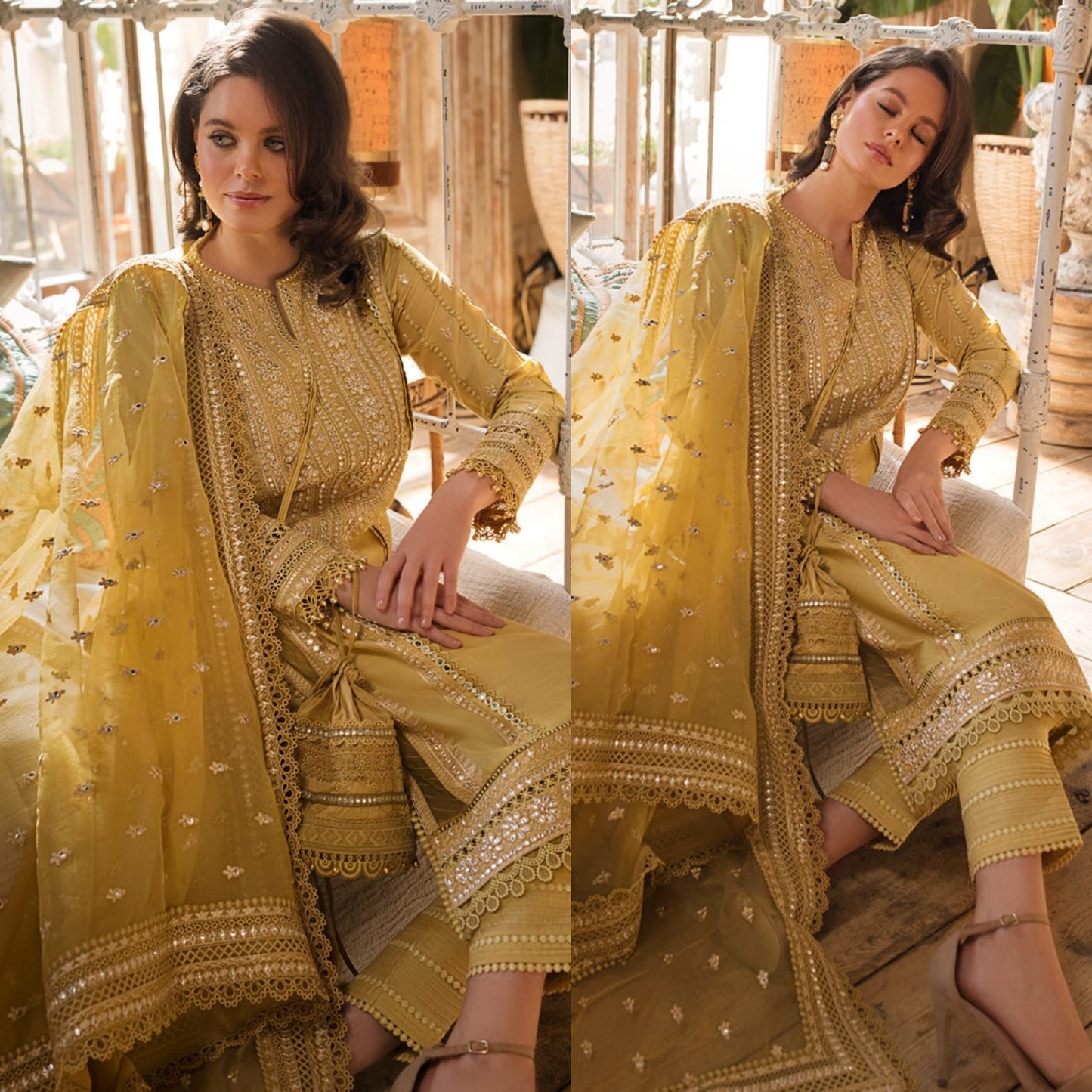 Linen 3PC Embroidered with Organza Sequins Embroidered Dupatta -583