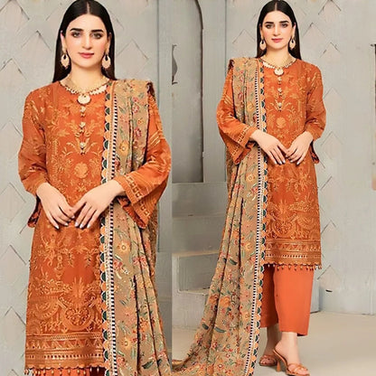 Linen 3PC Embroidered With Chiffon Embroidered Dupatta-672