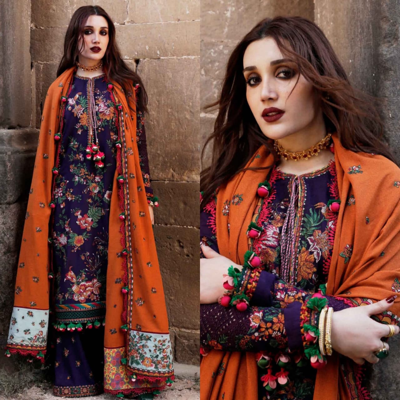 Dhanak 3PC Embroidered Shirt with Embroidered Dhanak Shawl -1304