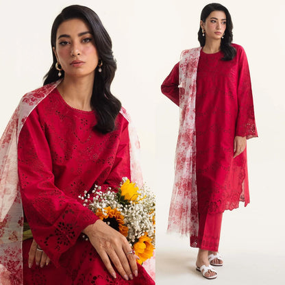 Lawn 3PC  Chikankari Embroidered Shirt With Printed Dupatta-487