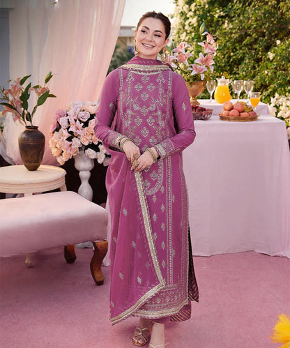 Dhanak-3PC Embroidered Shirt with Chiffon Embroidered Dupatta - 3393