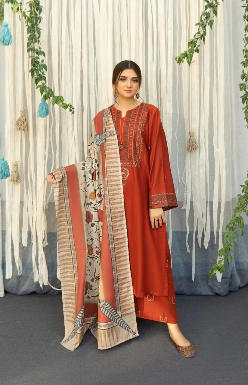Dhanak 3PC  Embroidered With Digital Printed Shawl-651