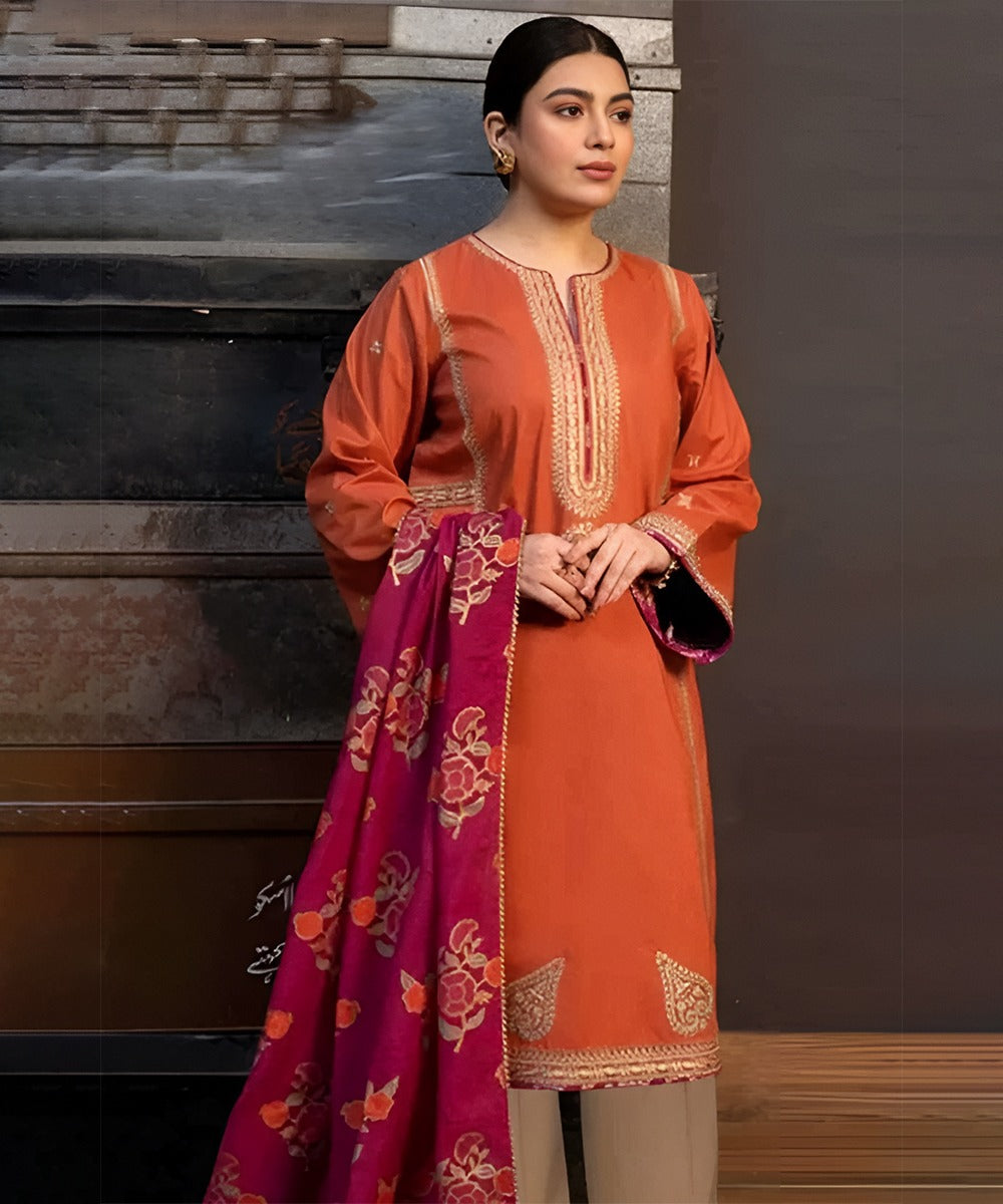 3PC Dhanak Embroidered Shirt With Digital Printed Shawl-691