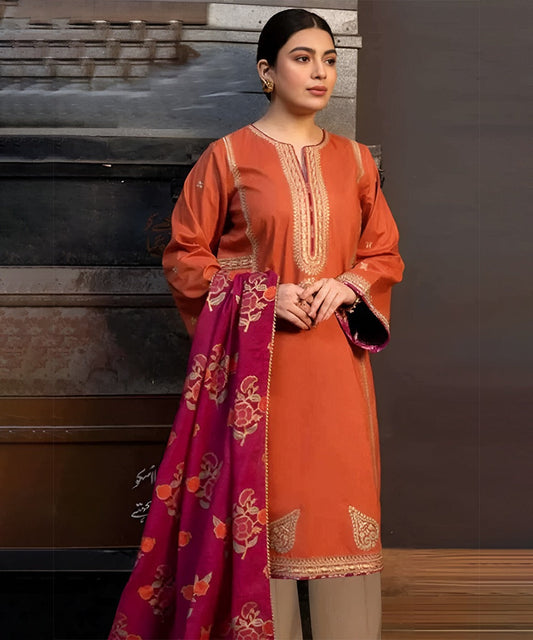 3PC Dhanak Embroidered Shirt With Digital Printed Shawl-691