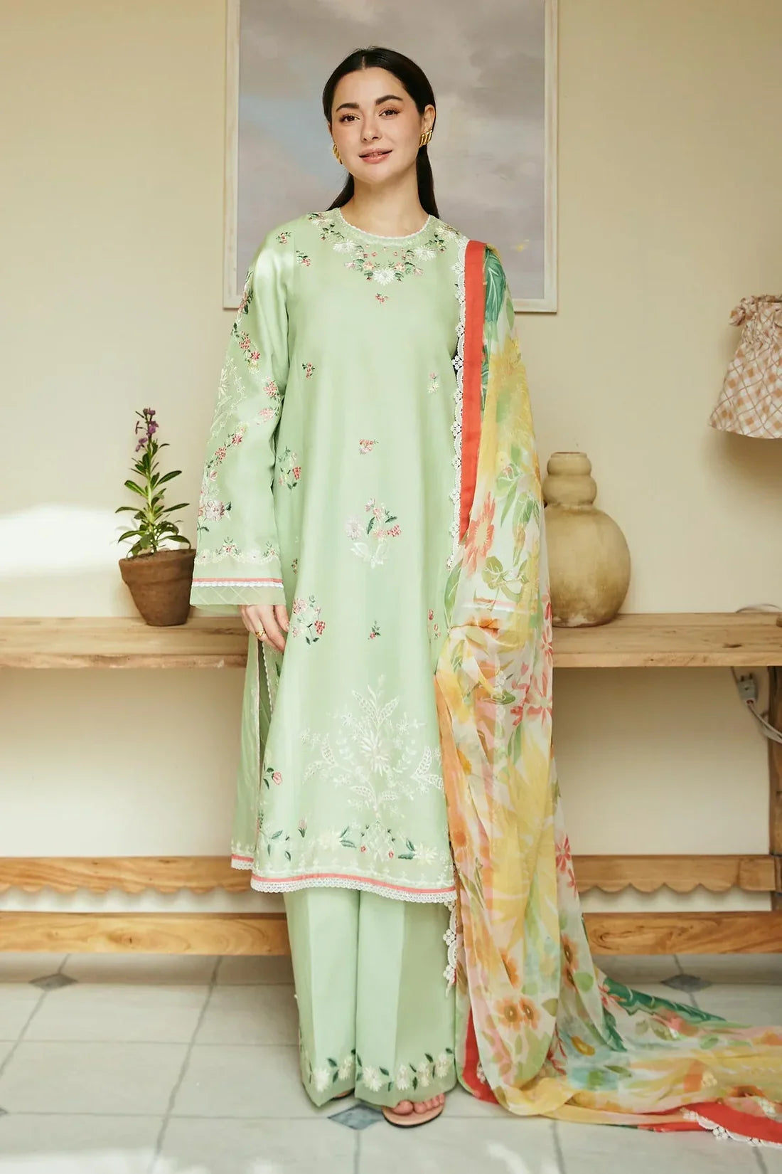 Dhanak-3PC Embroidered Shirt with Digital Printed Wool Shawl - 3238