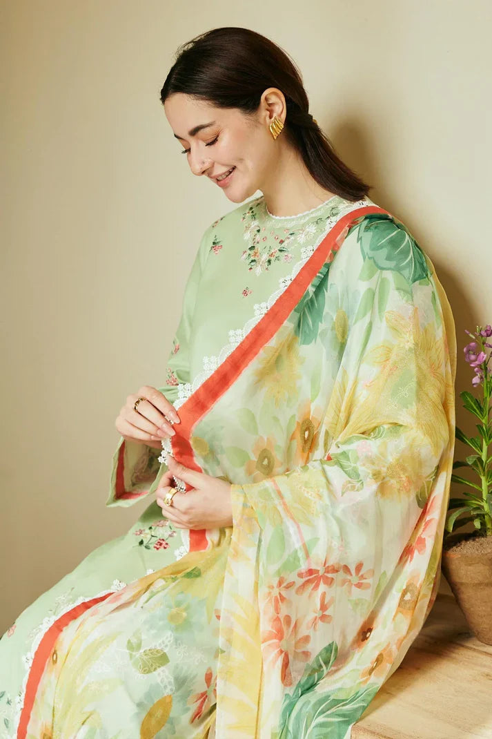 Dhanak-3PC Embroidered Shirt with Digital Printed Wool Shawl - 3238
