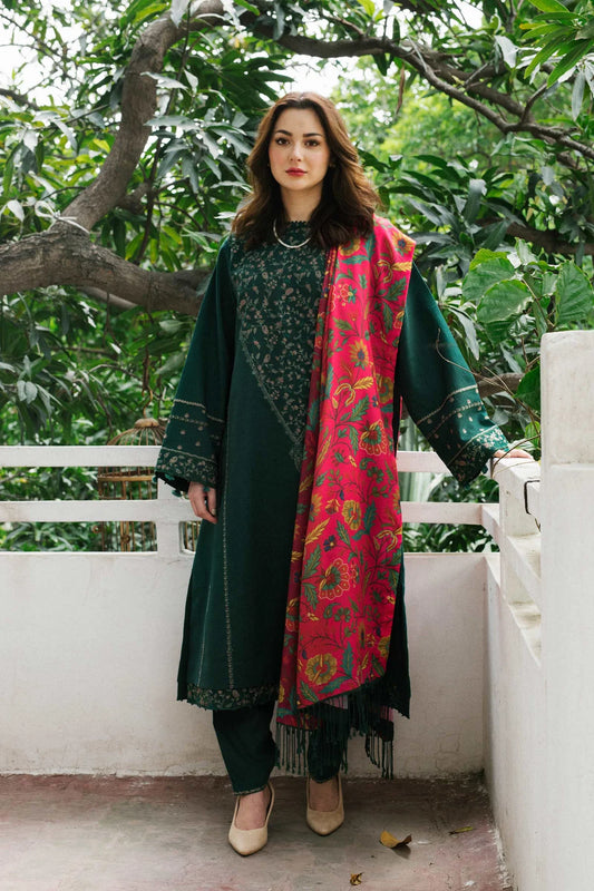 Dhaank 3PC Embroidered Shirt With Digital Printed Shawl-204