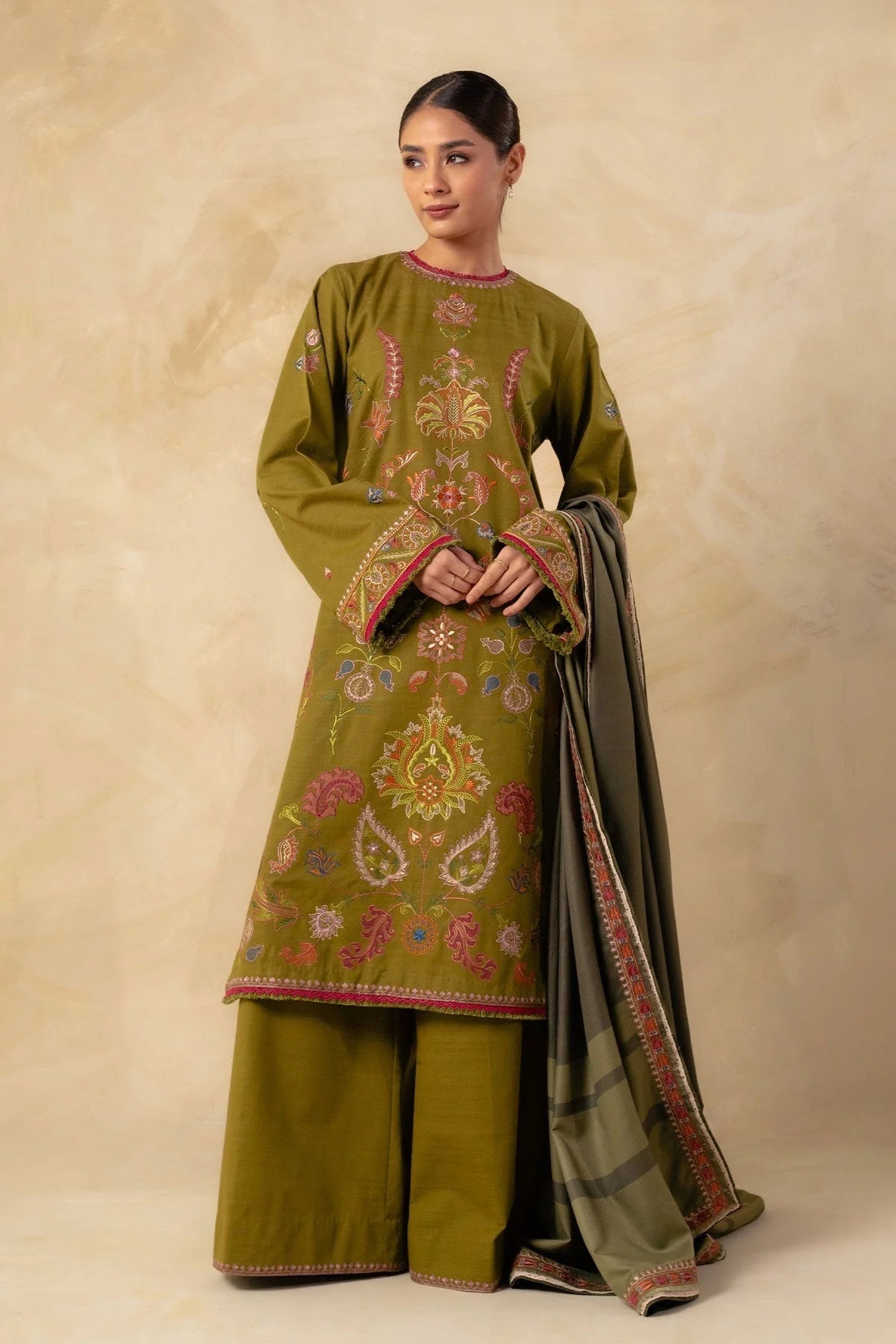 3PC Embroidered With Digital Printed Wool Shawl-198