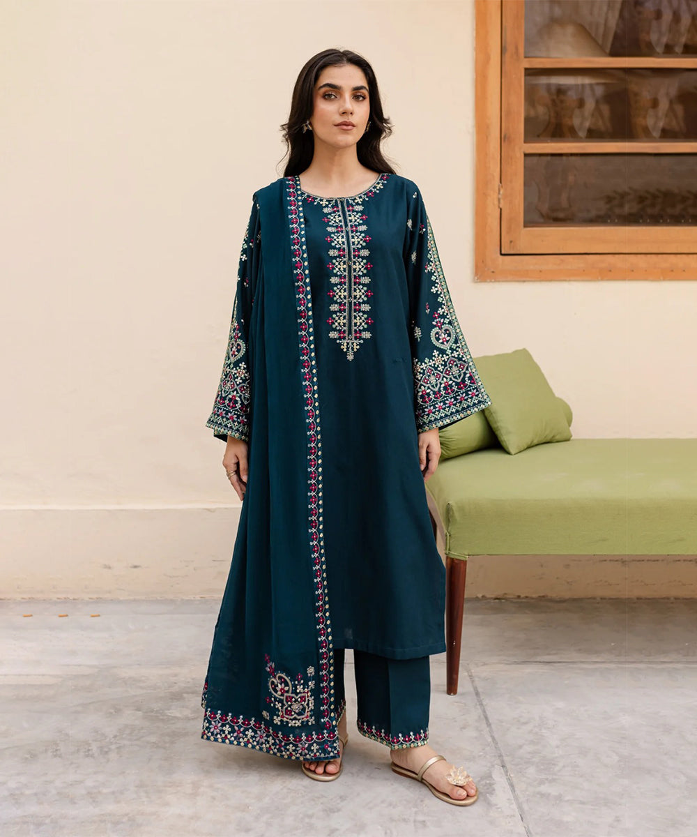 Dhanak-3PC Embroidered Shirt with Chiffon Embroidered Dupatta-3269