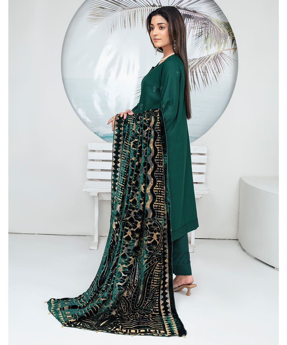 Dhanak 3PC Chikankari Embroidered Shirt With Velvet Plachi Shawl- 2110