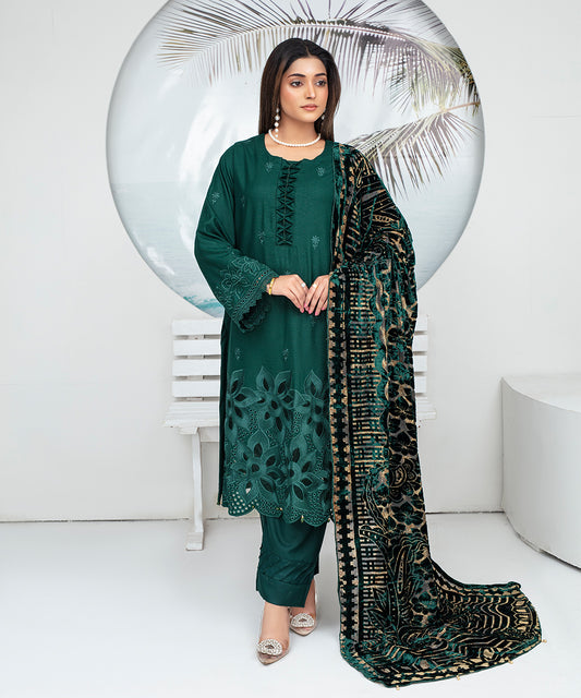 Dhanak 3PC Chikankari Embroidered Shirt With Velvet Plachi Shawl- 2110