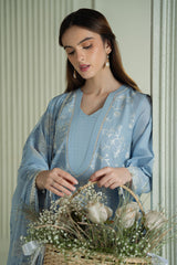Dhanak-3PC Embroidered Shirt with Digital Printed Wool Shawl - 3301