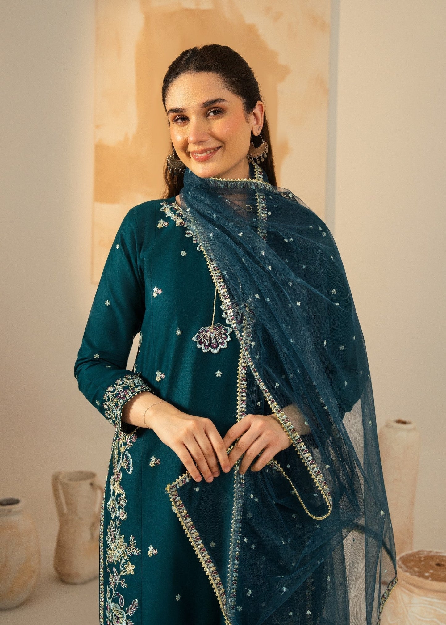 Dhanak-3PC Embroidered Shirt with Chiffon Embroidered Dupatta - 3531
